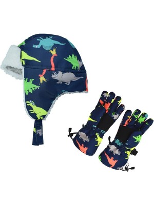 Petityu Sugeçirmez Erkek Çocuk Bere Eldiven Set 3-7 Yaş Kayak Snowboard Lacivert Üstü Renkli Dino