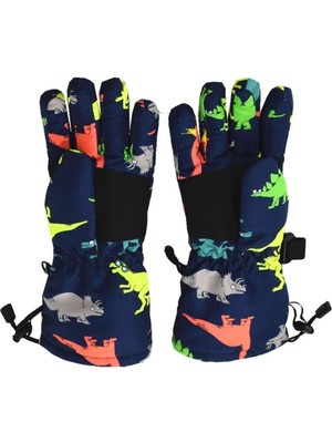 Petityu Sugeçirmez Erkek Çocuk Bere Eldiven Set 3-7 Yaş Kayak Snowboard Lacivert Üstü Renkli Dino