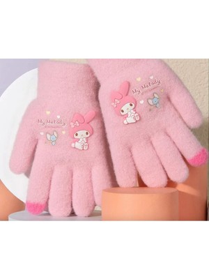 Pembe Örme Yumuşacık Sıcacık Eldiven Hello Kitty- My Melody - Pembe Parmak Ucu Detay 3-8 Yaş