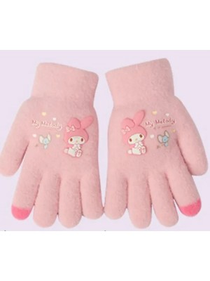 Pembe Örme Yumuşacık Sıcacık Eldiven Hello Kitty- My Melody - Pembe Parmak Ucu Detay 3-8 Yaş