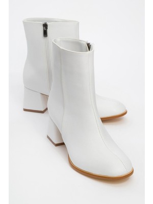 Ccway Sade Fermuarlı Kadın Topuklu Bot BEYAZ CİLT