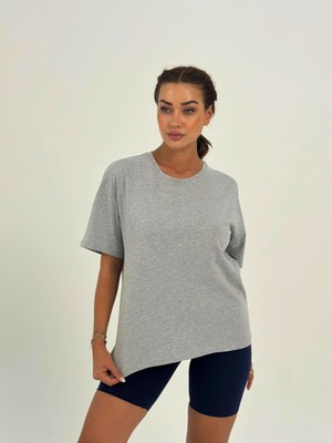 Stilowe Kadın Koyu Gri Baskısız Basıc Pamuklu Oversize T-Shirt