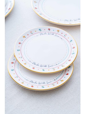 Acar Livaldi 6'lı Beyaz Seramik Pasta Tabağı 19 cm Yuvarlak Çiçek Desenli Şık Tasarım