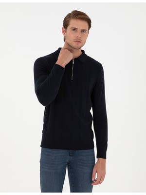 Pierre Cardin Erkek Lacivert Slim Fit Fermuarlı Polo Yaka Triko Kazak 50300505-VR033