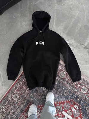 G-else Uzun Kol Kapşonlu Göğüs Baskılı Sweatshirt - Siyah