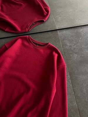 G-else Kışlık Bisiklet Yaka Üç Iplik Basic Sweatshirt - Bordo