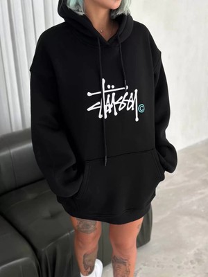 G-else Üç Iplik Kapşonlu Baskılı Sweatshirt - Siyah