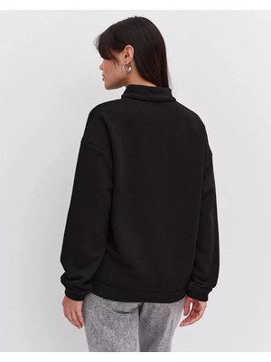 G-else Oversize Yarım Farmuarlı Yakalı Basic Sweatshirt - Siyah