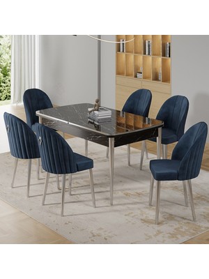 Canisa Rada Serisi 80x132 Açılabilir Lak Panel Krom Detay Siyah Mermer Desen Mutfak Masa Takımı Ve 6 Sandalye