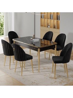 Canisa Rada Serisi 80x132 Açılabilir Lak Panel Gold Detay Siyah Mermer Desen Mutfak Masa Takımı Ve 6 Sandalye