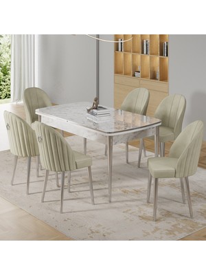 Canisa Rada Serisi 80x132 Açılabilir Lak Panel Krom Detay Beyaz Mermer Desen Mutfak Masa Takımı Ve 6 Sandalye