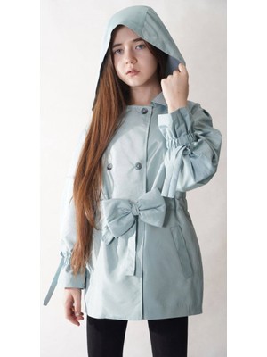 İrem Çocuk Giyim Kız Çocuk Düğme Kapamalı Kapüşonlu Beli Fiyonk Kemerli Cepli Içi Astarlı Mint Yeşili Yağmurluk