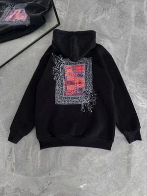 Uzun Kol Kapşonlu Ön ve Arka Baskılı Sweatshirt - Siyah