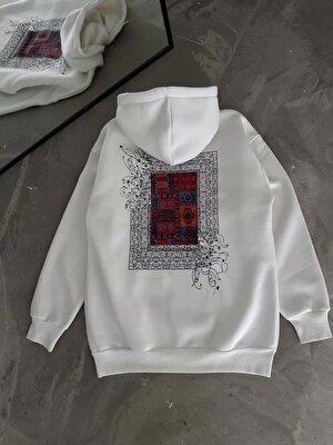 Uzun Kol Kapşonlu Ön ve Arka Baskılı Sweatshirt - Beyaz