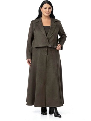 Disentis Modest Büyük Beden Önden Yırtmaçlı Düğmeli Beli Arkadan Lastikli Uzun Süet Haki Etek