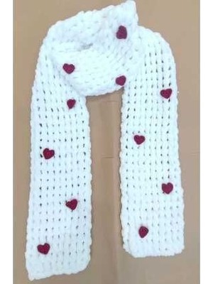 Bodur Embroidery Atkı Puffy El Örgüsü 200 * 22 cm Beyaz - Kırmızı Kalp Desen