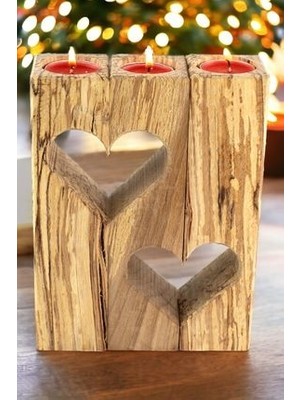 efholde Doğal Ahşap Kalp Mumluk 3'lü