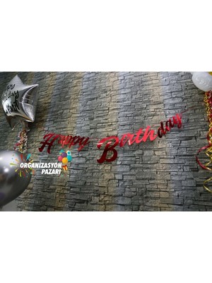 Organizasyon Pazarı Kırmızı Renkli Metalik Happy Birthday El Yazısı Banner