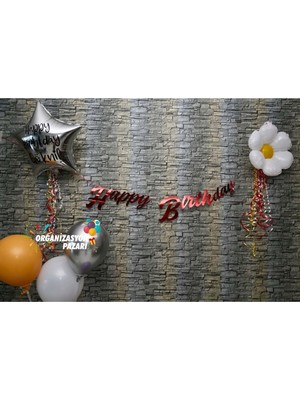 Organizasyon Pazarı Kırmızı Renkli Metalik Happy Birthday El Yazısı Banner