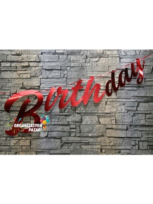 Organizasyon Pazarı Kırmızı Renkli Metalik Happy Birthday El Yazısı Banner