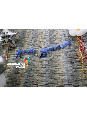 Organizasyon Pazarı Koyu Mavi Renkli Metalik Happy Birthday El Yazısı Banner