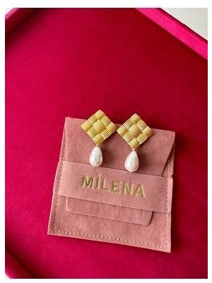 Milena Istanbul Inci Uçlu Kare Çizgili Küpe