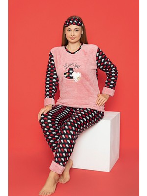 X-Dreamy Büyük Beden Welsoft Polar Kalp Desenli Peluş Pijama Takımı