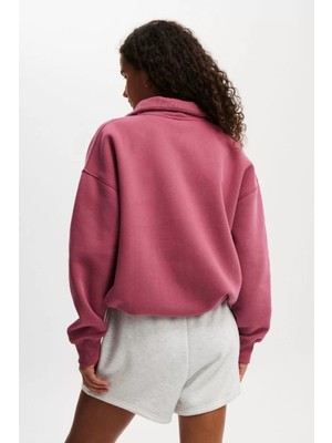 G-else Oversize Yarım Farmuarlı Yakalı Basic Sweatshirt - Gül Kurusu