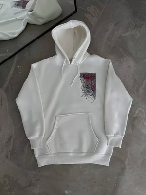 Uzun Kol Kapşonlu Ön ve Arka Baskılı Sweatshirt - Beyaz