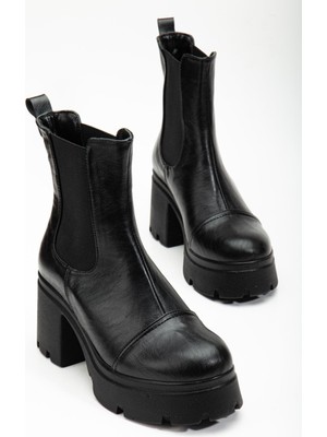 Dilimler Ayakkabı Topuklu Bot Kadın Platform Siyah Parçalı Elastik Kalın Taban