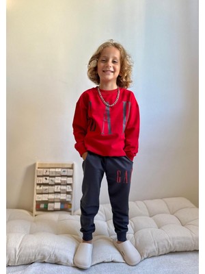 Sacro Kids Gap Baskılı Eşofman-Sweatshirt 3 Iplik Kışlık Erkek Çocuk Takım