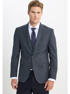 Slim Fit Dar Kesim Mono Yaka Kaz Ayağı Desenli Kapak Cepli Yelekli Takım Elbise