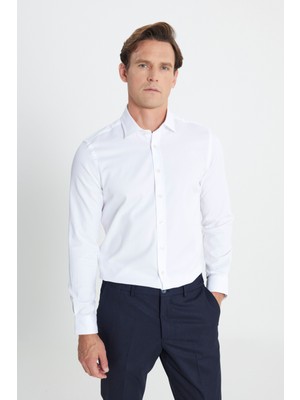 Pamuklu Slim Fit Dar Kesim Klasik Yaka Armürlü Esnek Gömlek