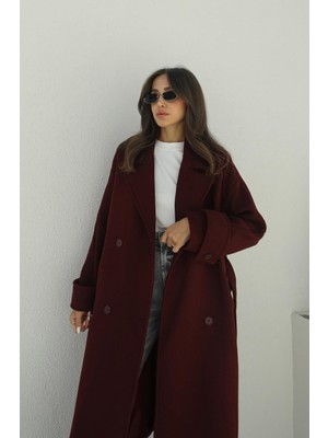 Bordo Kuşaklı Premium Kaşe Kaban