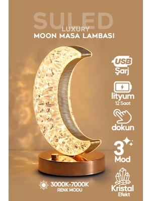 Suled   Dekoratif Ay Işığı Hilal Masa Lambası Crystal Moon USB Şarjlı 3 Modlu Ambiyans LED Gece Lambası