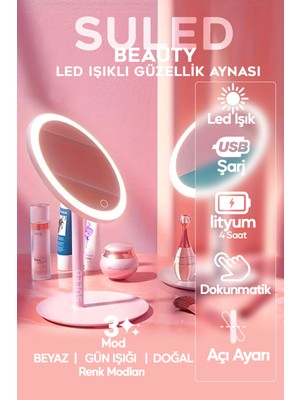 Suled   Makyaj Aynası 3 Modlu LED Işıklı USB Şarjlı Yuvarlak Taşınabilir Açı Ayarlı Güzellik Aynası
