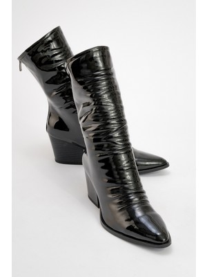 Luvi Laval Siyah Rugan Arkadan Fermuarlı Kadın Kalın Topuklu Bot