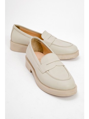Luvi Pline Ekru Cilt Hakiki Deri Kadın Loafer Ayakkabı