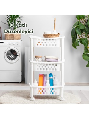 Porsima Porsima 78-1 3 Katlı Tekerlekli Organizer Raf  Çok Amaçlı Mutfak Banyo Düzenleyici Raf Ünitesi Beyaz