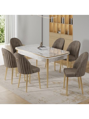 Canisa Rada Serisi 80X132 Açılabilir Lak Panel Gold Detay Beyaz Mermer Desen Mutfak Masa Takımı ve 6 Sandalye