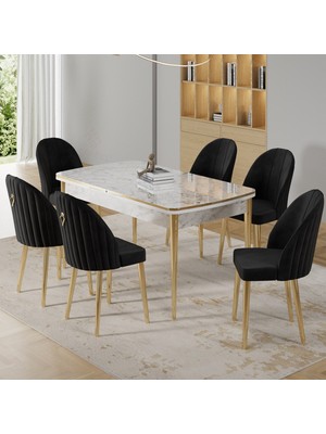 Canisa Rada Serisi 80X132 Açılabilir Lak Panel Gold Detay Beyaz Mermer Desen Mutfak Masa Takımı ve 6 Sandalye