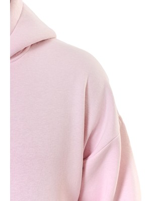 Unisex Basic Düz Renk Kapüşonlu Içi Yumuşak Polarlı Oversize Sweatshirt - Pembe