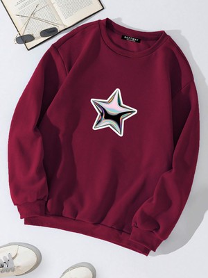 Softway Oversize Bisiklet Yaka Basic Shining Metallic Star Baskılı Sweatshirt - Bordo
