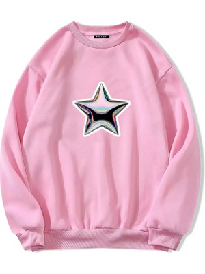 Softway Oversize Bisiklet Yaka Basic Shining Metallic Star Baskılı Sweatshirt - Pembe
