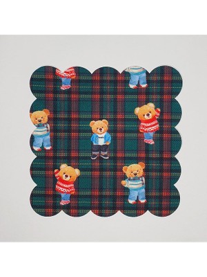 Deco Yeşil Ekose Zemin Ayıcık Desenli Dijital Baskılı Kokteyl Peçetesi