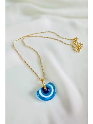 Petek Aksesuar Nazar Gökkuşağı El Yapımı Murano Cam Zincir Kolye Açık Mavi