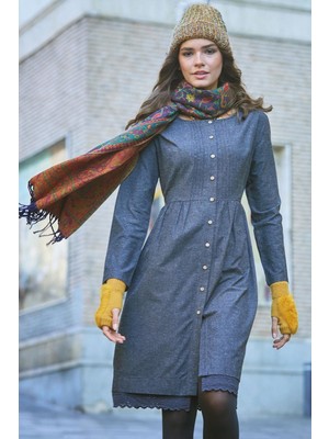 Nervürlü Yaka Dantelli Uzun Kollu Gri Elbise