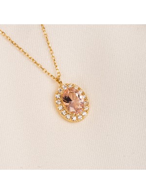 Fasek Gold Gümüş Kolye - Morganite Oval Taşlı 925 Ayar Gümüş Kolye