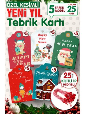 Tuğset Etiket Tuğset 25 Adet Yılbaşı Hediye Paketi Etiketi 7 x 4,5 cm Renkli Desenler ve Kilitli İp