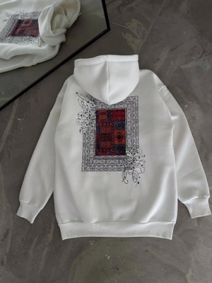 Stil Aura Uzun Kol Kapşonlu Ön ve Arka Baskılı Sweatshirt - Beyaz